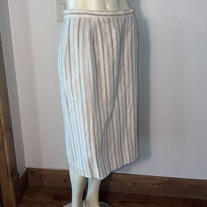 Vintage White Linen Blend Beige Stripe Pencil Skirt Size 14 Petite